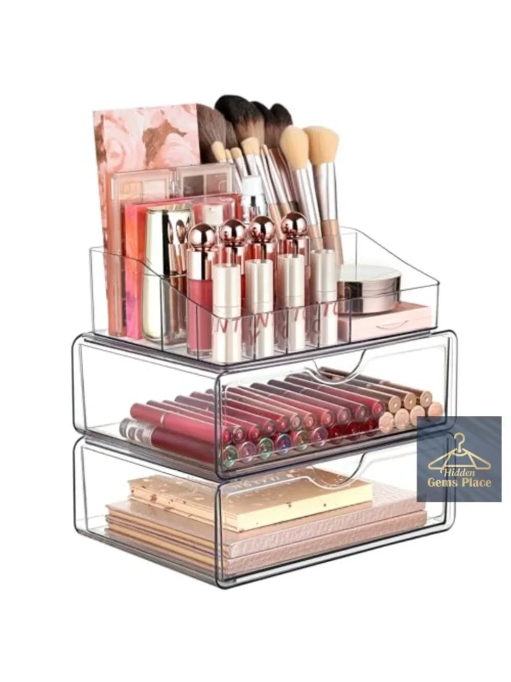 3-Tier Clear Makeup Organizer with 2 Drawers, Stackable, Large Capacity for